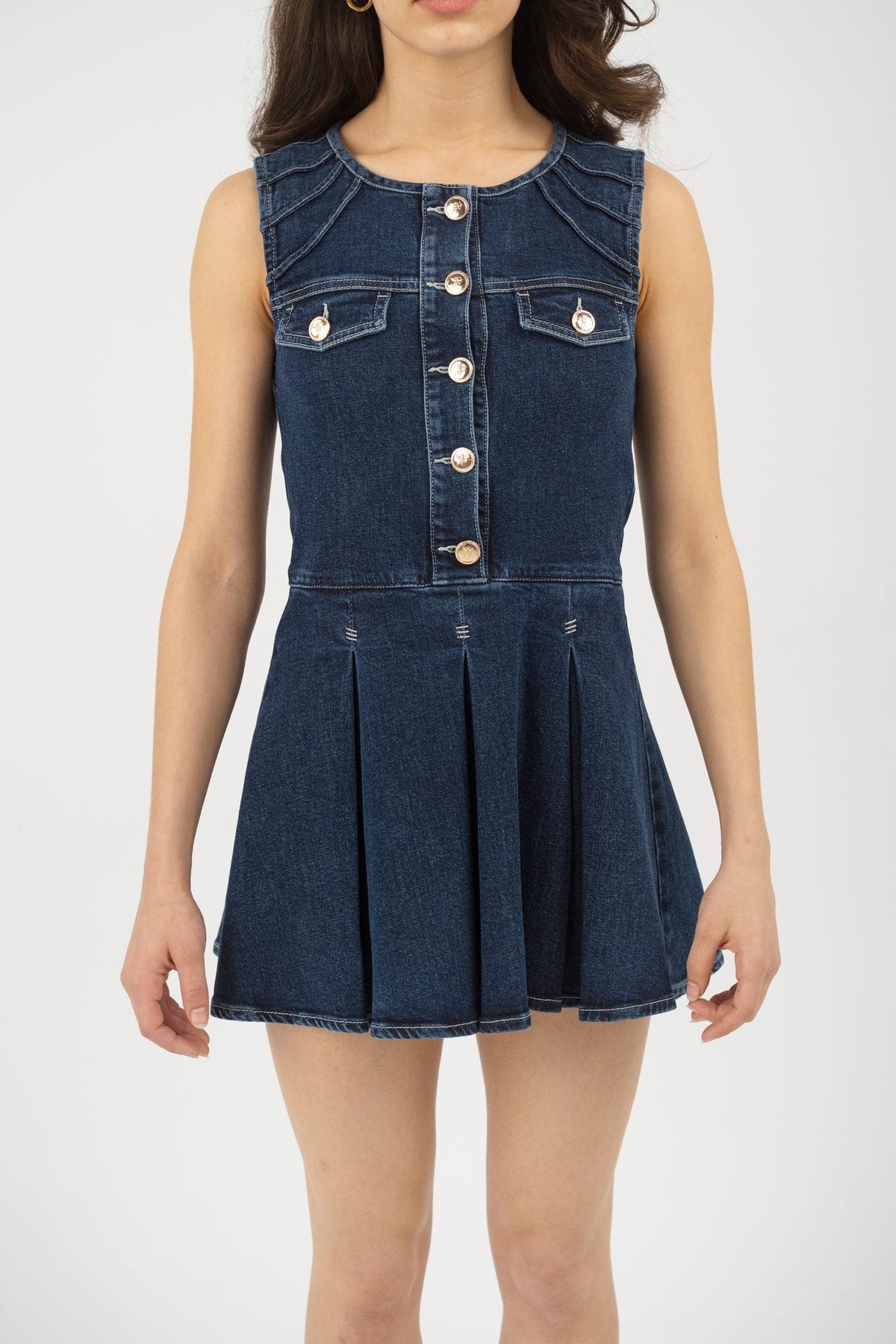 Coco sleeveless mini denim dress in Arca wash — view 4 | Maison Arca